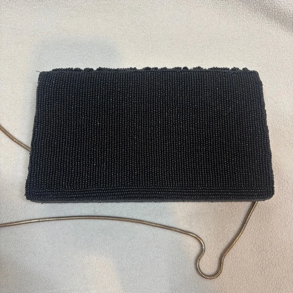 Hastings & Smith Black Beaded Floral Evening Clutch Bag Gold Snake Chain‎ Strap